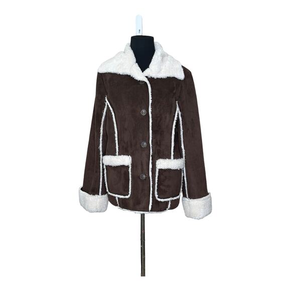 MiFresia Brown Suede White Sheerling Trim Button Jacket size M - Picture 13 of 14